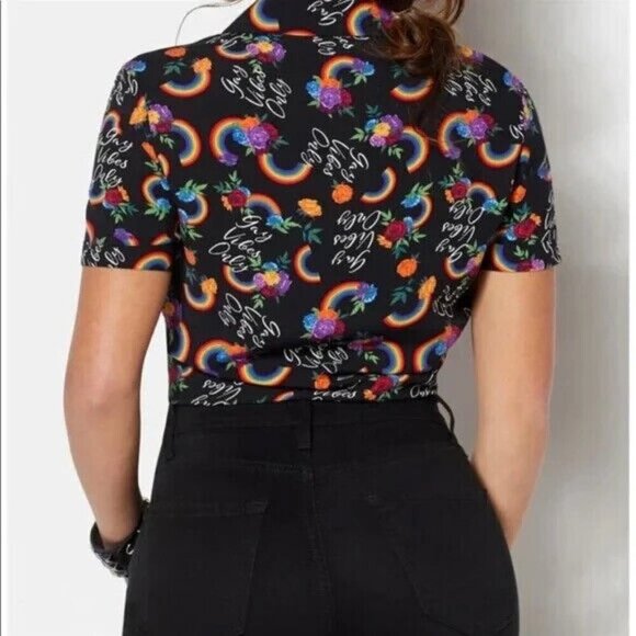 Spencers Crop Top Womens Size Medium Black Floral Pride Rainbow Print Tie Front - Picture 3 of 7